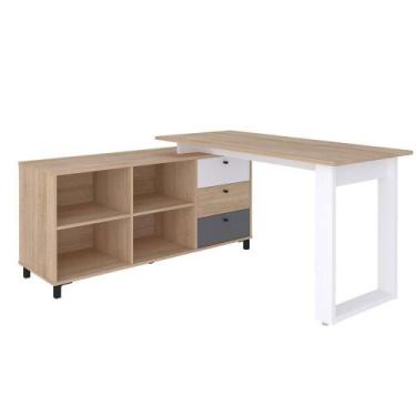 Imagem de Mesa Escrivaninha Em L Com 3 Gavetas E Nichos Nexos Carvalho/branco/gr