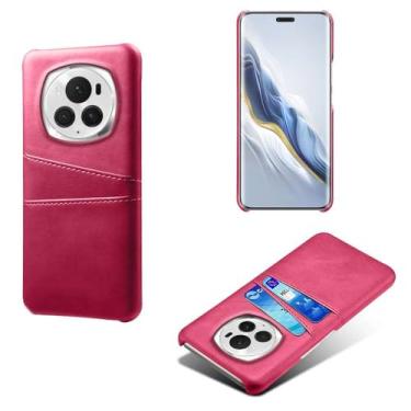 Imagem de Capas Compatível com Honor Magic6 Pro,Caso de couro PU-Tampa de telefone a prova de choque com 2 slots de cartão,Proteção anti-impressão digital e anti-gota-Rose Red