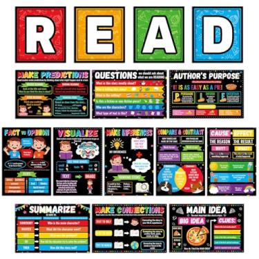 Imagem de 15 peças de pôsteres coloridos de compreensão de leitura para sala de aula, quadro de avisos motivacional educacional, pôsteres de leitura para ensino fundamental, leitura, canto, biblioteca