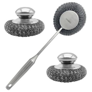 Imagem de CHAXIDU Conjunto de esfregão de lã de aço inoxidável, escovas de cabo longo e alça, escova de metal para panelas, frigideiras, churrasqueiras e limpeza de talheres (pacote com 3)