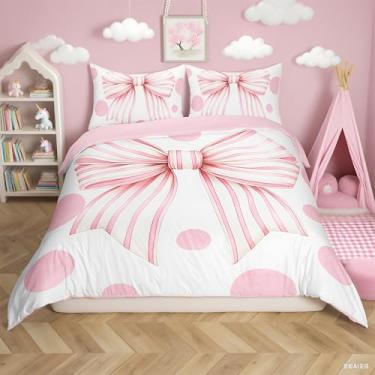 Imagem de Conjunto de capa de edredom infantil com laço, tamanho Queen, conjunto de cama fantasia de princesa sonhadora, lindo laço com bolinhas, decoração de quarto de meninas e meninos, rosa e branco, 2