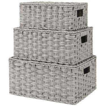 Imagem de Cestos de armazenamento de vime GRANNY SAYS com tampas cinza, pacote c