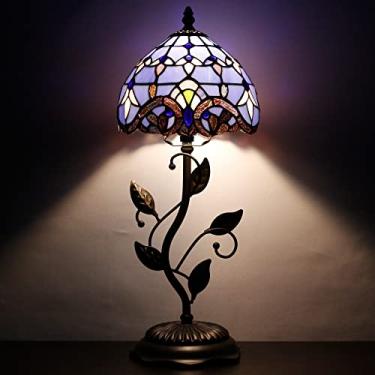 Imagem de SYETL Luminária De Mesa Pequena Tiffany Com Vitral E Folha De Metal, Luminária De Memória, Simpatia, 8 X 20 Polegadas (Estilo Barroco Azul)