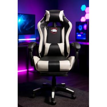 Imagem de Cadeira Gamer Ergonômica com Apoio para os Pés, Reclinável, Moldada, com Almofadas para Pesçoco e Lombar (Preto Branco)