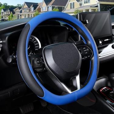 Imagem de SEG Direct Capa de volante em forma de D para rodas de fundo plano de 37-38 cm, couro de microfibra perfurado respirável, aderência antiderrapante, ajuste universal para carros e SUVs, preto e azul