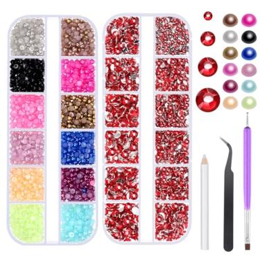 Imagem de Swpeet 4403 peças de strass de cristal plano vermelho de 2 mm, 3 mm, 4 mm, 5 mm, 12 cores, semicírculo, com parte traseira plana, kit sortido de pérolas, incluindo caneta de pontilhamento de pinças