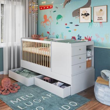 Imagem de Berço Infantil Multifuncional Menino Menina 194cm Com Cômoda, Trocador E Gavetões Com Rodas Branco
