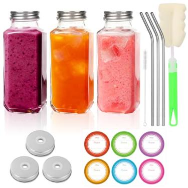Imagem de BIGIVACA Garrafas de vidro quadradas de 227 g, pacote com 3 garrafas de suco de vidro com tampas e canudos, frascos de suco com tampas para bebidas lisas, viagens, armazenamento