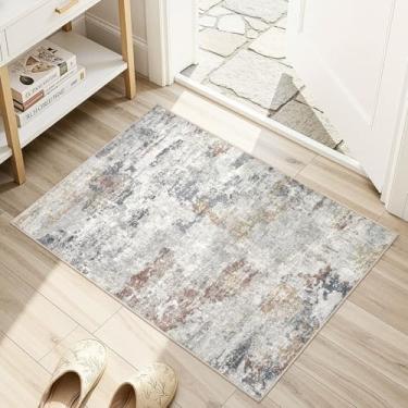 Imagem de DMOYEST Tapetes para sala de estar – Tapete abstrato grande macio lavável interno neutro moderno para quarto, sala de jantar, casa de fazenda, escritório em casa - cinza/laranja/amarelo