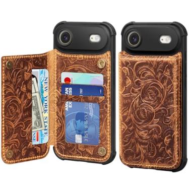 Imagem de RMAWRAD Capa carteira de couro real compatível com iPhone de 6,6 polegadas, couro legítimo, à prova de choque, capa anti-queda, capa flip, com compartimento para cartão, fivela magnética dupla