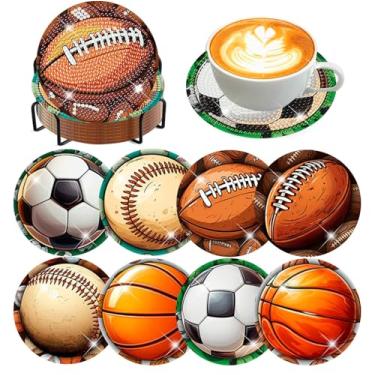 Imagem de Meothan 8 peças de porta-copos de arte de diamante de futebol para adultos com suporte de almofadas de cortiça, basquete, beisebol, rúgbi, pontos de diamante, pintura artística, porta-copos kit de