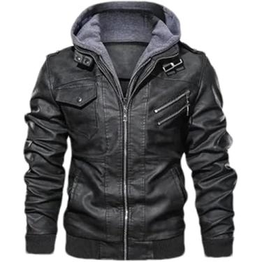 Imagem de Jaqueta De Couro Masculina Com Capuz Inverno Vintage Motocicleta Fleece Quente Motociclista Moto Piloto Casaco De Couro, black, L