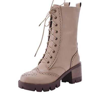 Imagem de Bigfanshu Bota feminina moderna cor pura bico redondo cadarço bota salto quadrado botas vintage, Bege, 34 BR