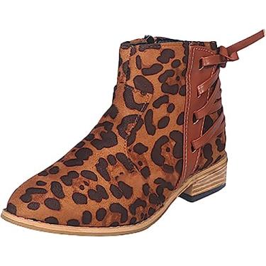 Imagem de Botas de cano curto femininas bico redondo salto baixo moda zíper lateral grosso empilhado botas curtas com estampa de leopardo, Multicolorido, 34 BR