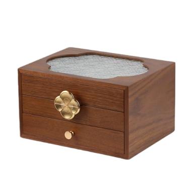 Imagem de SANTOUXIANG Caixa de joias de madeira de nogueira preta para mulheres, organizador de joias de madeira de 3 camadas com tampa de vidro para relógios, colares, anéis e brincos