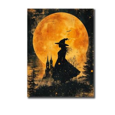 Imagem de Pintura criativa para decoração de casa bruxa infantil Halloween impressão em tela abóbora fofa, arte de parede de gato preto adorável para decoração de berçário (emoldurado/sem moldura, 40,6 x 50,8