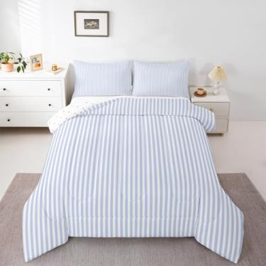 Imagem de Erosebridal Conjunto de cama casal com listras azuis e brancas geométricas, para crianças, meninos, meninas, fazenda, listras verticais, moderno, abstrato, 3 peças