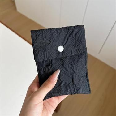 Imagem de Mini bolsa de botão bordada portátil, pequena bolsa quadrada para batom, fones de ouvido, cabo de carregamento, organizador de viagem (preto)