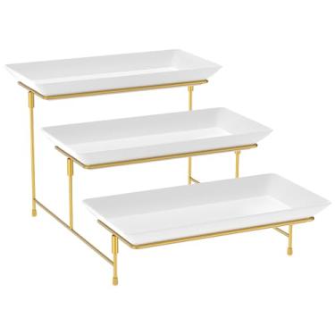 Imagem de Conjunto de bandeja de servir de 3 camadas, bandejas brancas reutilizáveis de plástico em camadas, com suporte de exibição de metal para cupcakes, alimentos sevring, sobremesa, frutas, biscoitos