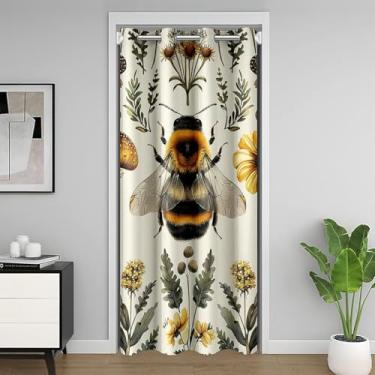 Imagem de Cortina blecaute de flores de abelha abelha selvagem cogumelo animal cortina blackout para porta de sala de estar retrô rústica privacidade capa crianças meninos meninas amarelo preto verde porta