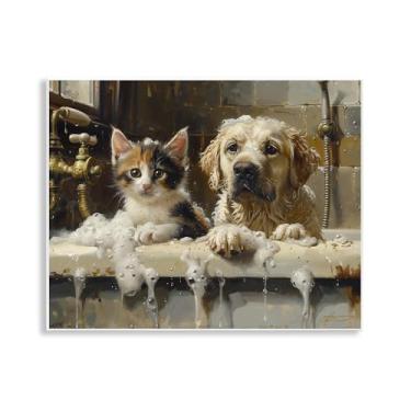Imagem de Stupell Industries Arte de placa de parede Bath Buddies Cat & Dog, design de Shawna Stewart, 28 x 35 cm