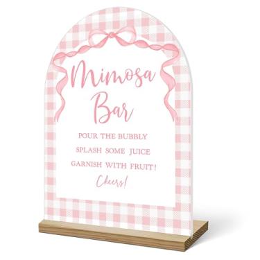 Imagem de Placa de bar Mimosa para mesa, laço rosa acrílico Mimosa Bar com suprimentos de base para chá de bebê, chá de panela, decorações para festa de casamento, despedida de solteira, suporte de placa de