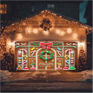 Imagem de HOMETITUTE Banner de porta de garagem de Natal 4 x 1,8 m capa de porta dupla casa de gengibre cenário de doces de férias cena de festa de inverno interno ao ar livre sazonal pendurado na parede caixas