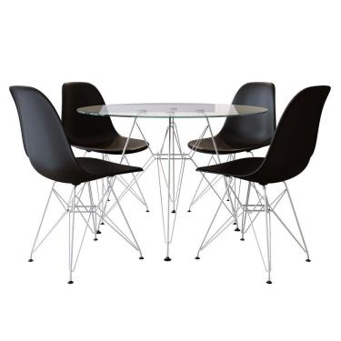 Imagem de Sala De Jantar Mesa Eames Redonda Vidro 90Cm Base Ferro Branco Com 4 Cadeiras Pretas