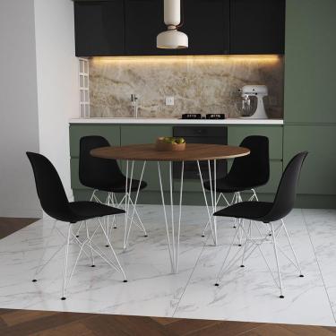 Imagem de Mesa Jantar Redonda 110Cm Amêndoa Clips 3 Pés Com 4 Cadeiras Eames Eiffel Pretas Ferro Branco