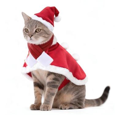 Imagem de Fantasia de Natal de gato, chapéu de Papai Noel para cachorro pequeno com conjunto de capa, casaco quente de Natal, roupas vermelhas de ano novo, ajustável (G)