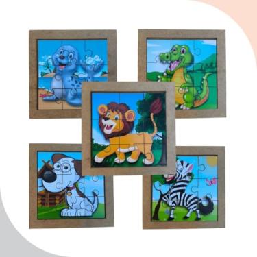 Imagem de Kit Educativo com 10 Quebra-Cabeças em MDF, 9 Peças, Tema Animais Safari, Brinquedo Pedagógico Infantil Lúdico