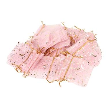 Imagem de Sacos de organza Moon Star 100 peças sacos de presente com cordão transparente rosa com padrões dourados para lembrancinhas de Natal, casamento, chá de bebê, embalagens de joias