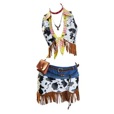 Imagem de Mobbunny Traje feminino de cowgirl com borla, estilo hippie, cosplay, blusa jeans de vaca e saia com cinto de luvas, dia das bruxas, Branco, M
