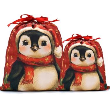 Imagem de Mshutbna Sacos de presente de Natal Pinguim, 2 peças, sacos de embrulho de tecido reutilizável com cordão para presentes de Natal, decorações de festa, lembrancinhas de feriado 40,6 x 30,5 x 25,4 cm