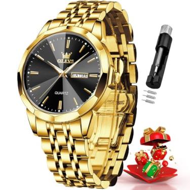 Imagem de OLEVS Relógio masculino de aço inoxidável, mostrador grande, analógico, fácil de ler, relógios masculinos à prova d'água de luxo, relógio dourado preto 3615, gold watch black 3615, relógio masculino