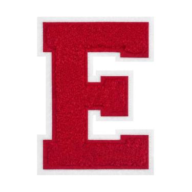 Imagem de 1 PÇ Patch de letra de chenille vermelho de 11,4 cm com borda branca – Remendos do alfabeto para roupas, jaquetas, mochilas, chapéus para decoração personalizada, nome personalizado e artesanato. (E)