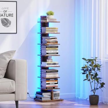 Imagem de TUTOTAK Estante estreita, estante de livros de 8 camadas com luzes LED, prateleira de livros lombada para espaços pequenos, prateleira de canto para sala de estar, escritório, escritório, entrada
