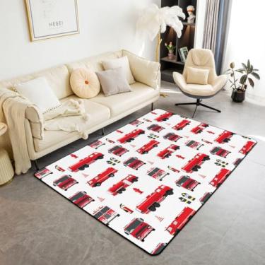 Imagem de Tapetes de sala de estar de caminhão de bombeiros 12 x 17 cm para meninos e adolescentes e meninas, tapetes de área de veículos de carro de bombeiros para quarto, tapete de caminhão de bombeiro infantil, tapete decorativo lavável com estampa de suprimentos de combate a incêndio vermelho