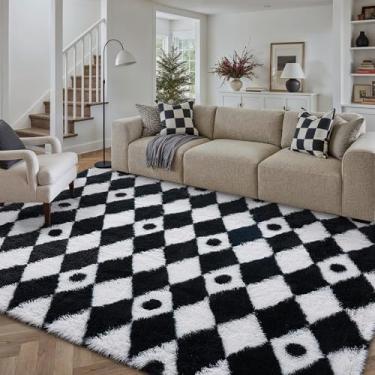 Imagem de PureCozy Tapete quadriculado 12 x 20 cm felpudo fofo sala de estar preto e branco tapete moderno lavável macio felpudo antiderrapante tapetes felpudos para quarto, dormitório, escritório, casa