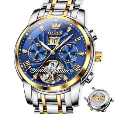 Imagem de OLEVS Relógios masculinos analógicos automáticos mecânicos masculinos luxuosos à prova d'água diamante relógio masculino casual de aço inoxidável turbilhão mostrador grande dia data relógio clássico