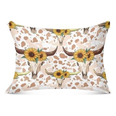 Imagem de Capas de almofada decorativas de flanela de caveira de vaca girassóis para travesseiro padrão Queen King Capas de almofada com estampa fofa decoração de cama de casa, tamanho Queen, 50,8 cm x 76,2 cm