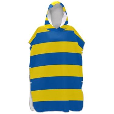 Imagem de Joisal Poncho de surfe com listras azuis amarelas trocando roupão adulto absorvente poncho masculino com capuz toalha de natação bonito