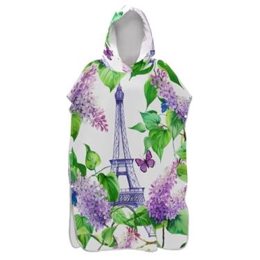 Imagem de Poncho de surfe vestível mudando roupão adulto toalha de banho com capuz bonito Torre Eiffel Lilás Branco Ponchos femininos com capuz