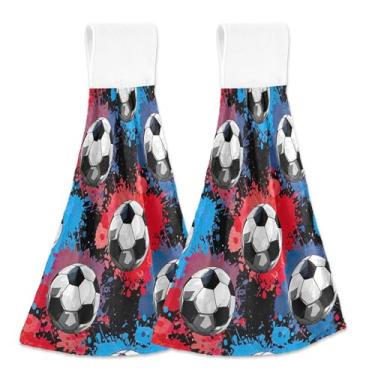 Imagem de Bolas de futebol toalhas de mão penduradas azuis vermelhas pretas para cozinha toalhas de gravata de banheiro absorventes conjunto de 2, decorações de cozinha fofas personalizadas 18,2 x 14 polegadas