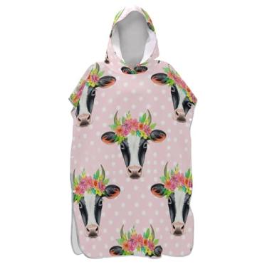 Imagem de TSENQUE Poncho de surfe para adultos trocador de roupão de praia com capuz toalha de natação plus size masculino poncho com capuz cabeças de vaca flor rosa