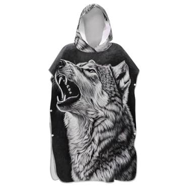 Imagem de TSENQUE Poncho de surfe para adultos trocador de roupa de praia com capuz toalha de banho reutilizável preto branco lobo legal ponchos femininos com capuz