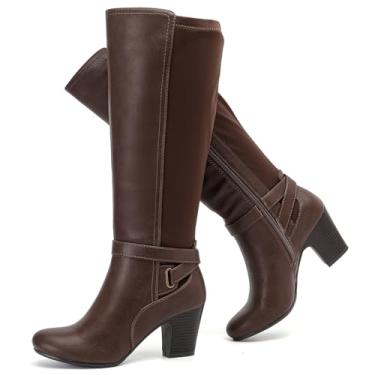 Imagem de Ruiee Botas femininas na altura do joelho – Botas altas casuais de salto grosso, bico redondo, confortável, para outono e inverno, botas modernas e elegantes para mulheres., Marrom PU 312, 38