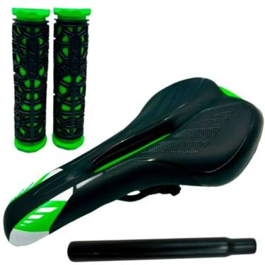 Imagem de Freio V-brake Para Bicicleta C/Manete Alumínio Cabos Kit Completo + Selim Com Manopla Gts Mtb Vazado Banco Para bike(APENAS BANCO COM CANOTE verde)