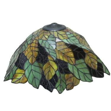 Imagem de Cúpula de abajur Tiffany de 20 polegadas (50 cm) - Somente para reposição - Cúpulas de vitral vintage feitas à mão com design criativo em tons de verde e amarelo, com folhas - Acessórios par