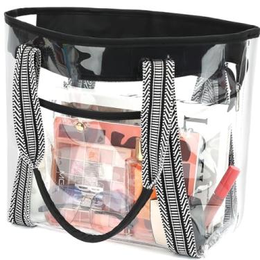 Imagem de Fammart Bolsa de praia transparente para mulheres, bolsa grande transparente para eventos de estádio - Fecho de zíper, impermeável, à prova de areia, Alças Jacquard - Preto, Large